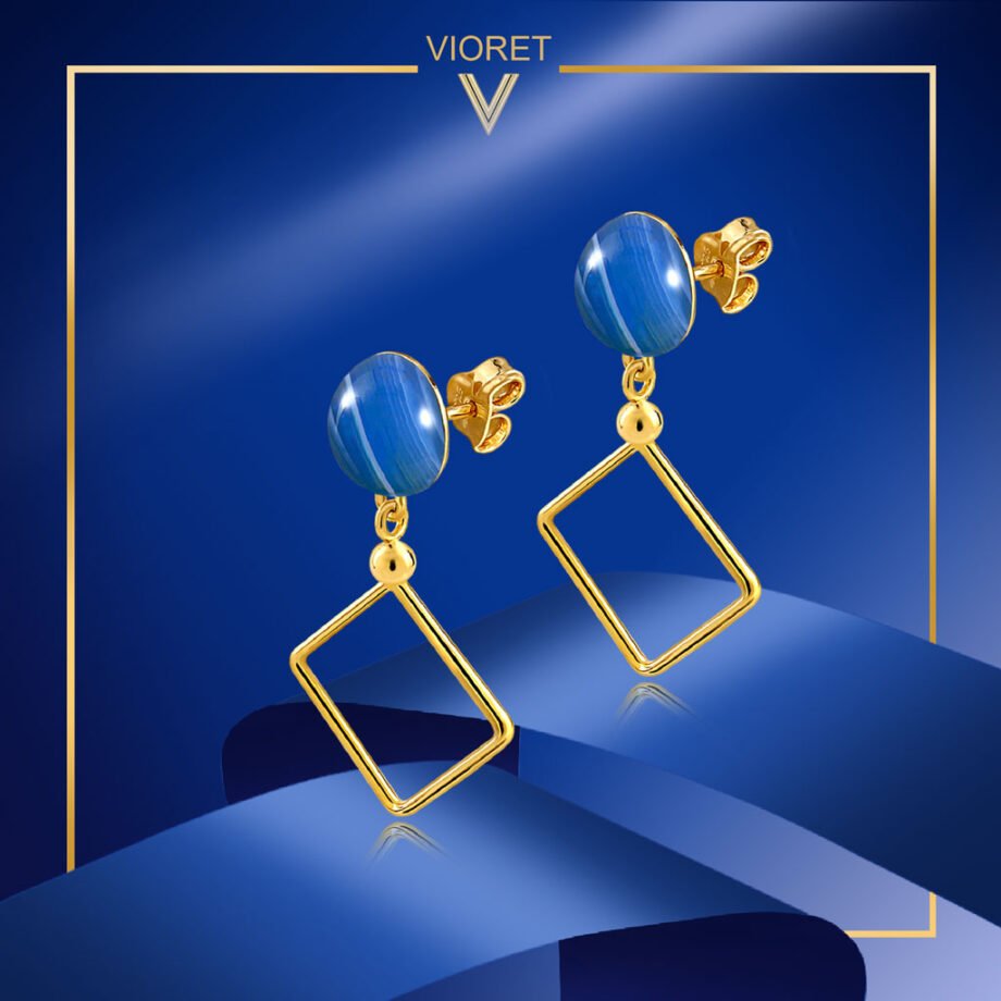 Pendientes Oro Lorena Ágata Azul diseñados con formas triangulares por Vioret Joyas ®
